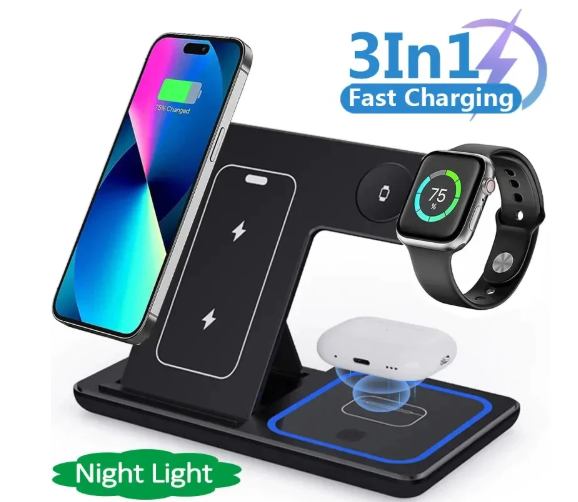 3 In 1 LED Fast Wireless Charger Stand Foldable Charging Station